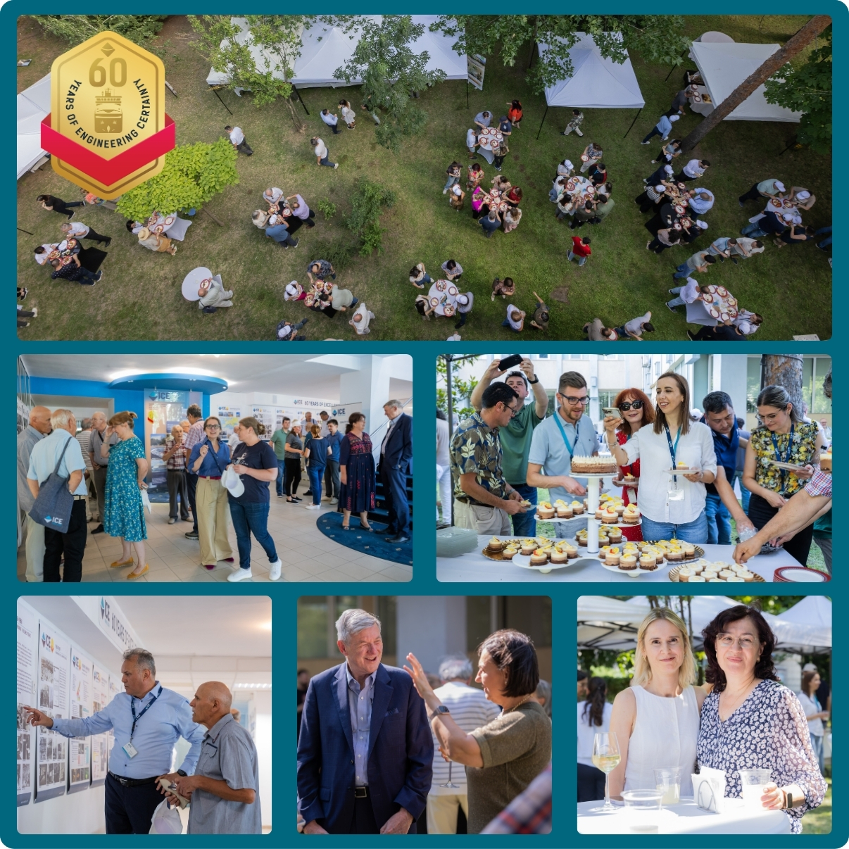 Collage of photographs from the ICE Group's 60th anniversary celebration, featuring an aerial view of the event, anniversary activities, colleagues viewing the company history exhibition, cake cutting and social gathering.