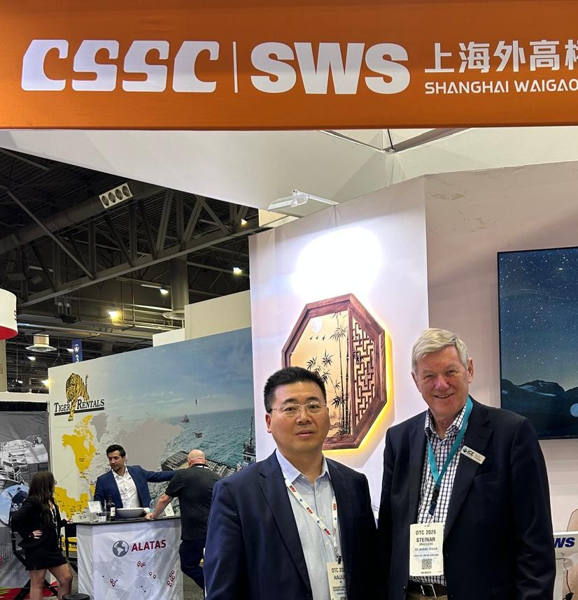 Steinar Draegebo, Chairman and CEO of ICE Marine Design, meeting Mr Hu Haijun, Sales & Marketing Director Offshore for SWS, during OTC 2026 in Houston, Texas.